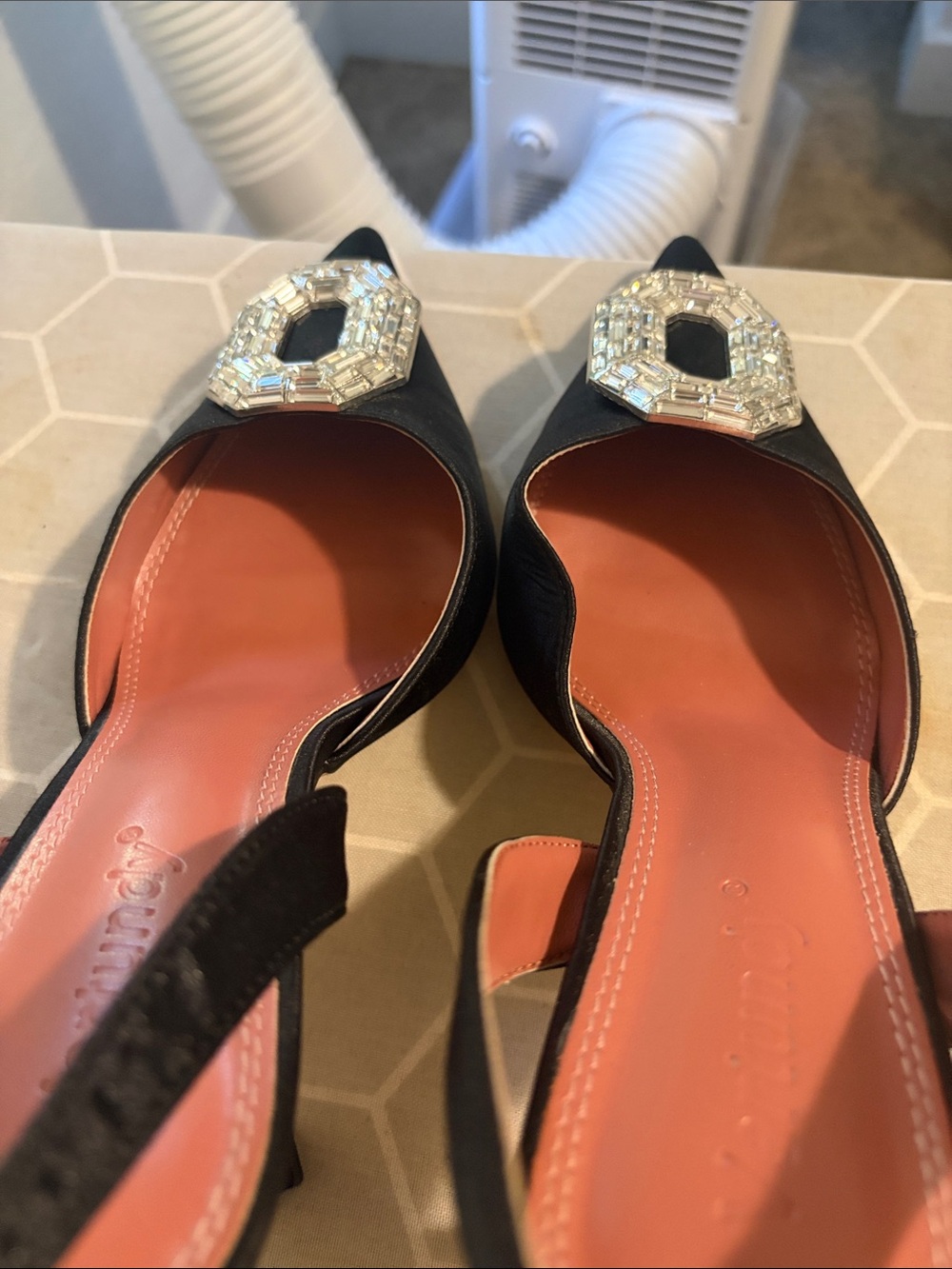 Black Pointed Slingback Heels with Crystal Brooch Accent